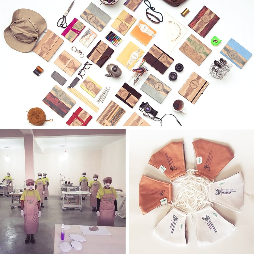 Montage of pictures showing Felek Notebooks products: notebooks, leather masks, and a factory.