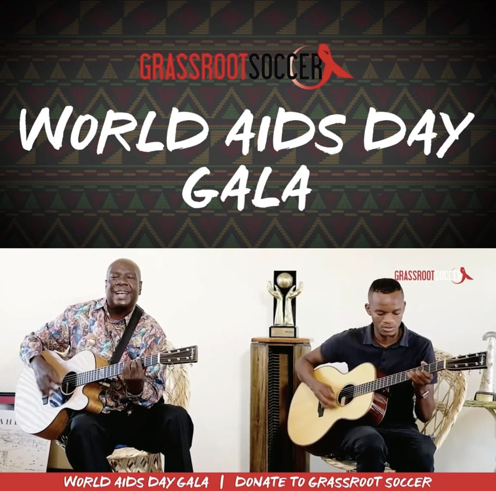 Advertisement featuring two black African musicians playing guitars for the Grassroot Soccer World AIDS Day Gala.