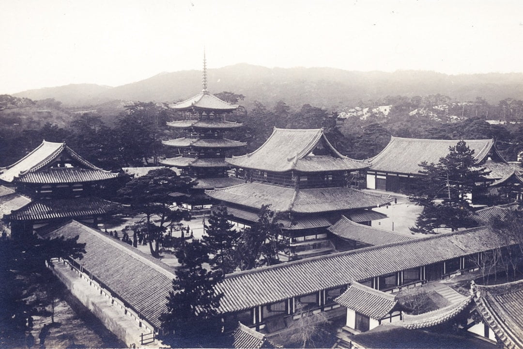Vintage black and white photo of Buddhist temples built by Kongō Gumi.