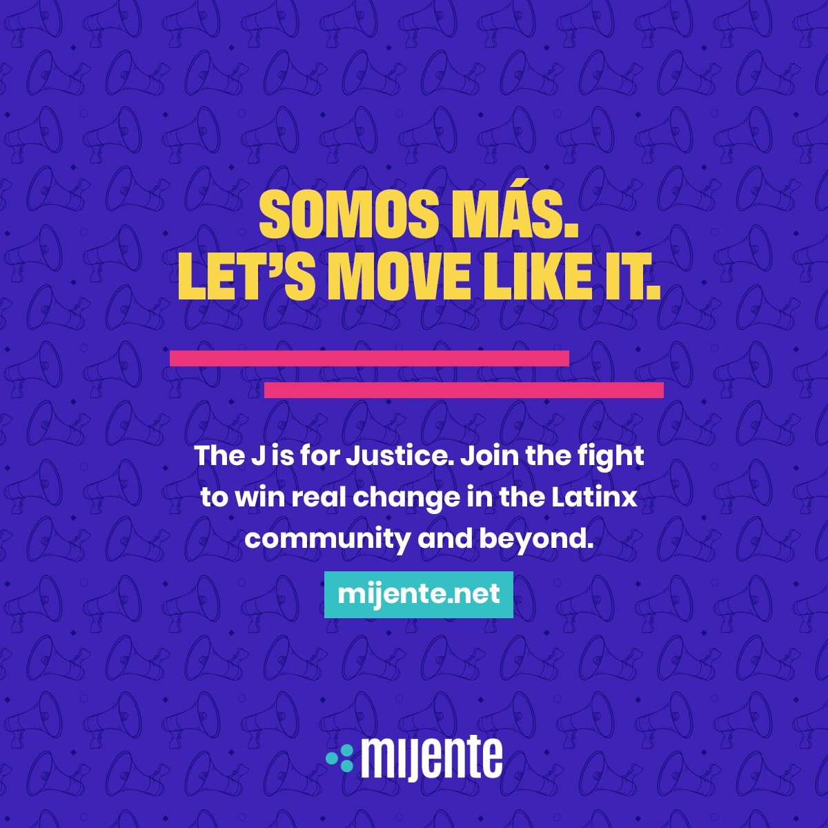 Plain text ad with gold text on purple background for Mijente.