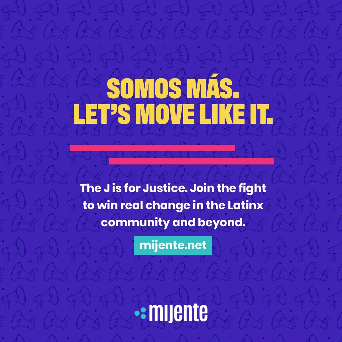 Plain text ad with gold text on purple background for Mijente.