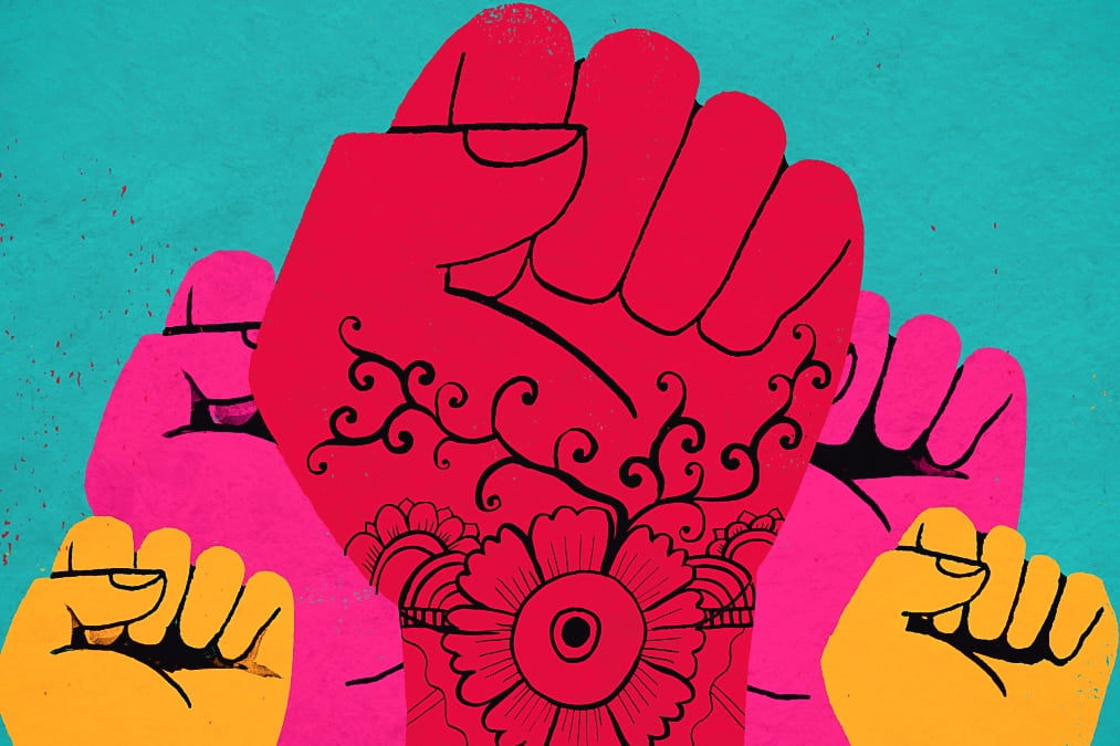 Colorful painting of three fists raised in the air wearing henna tattoos.