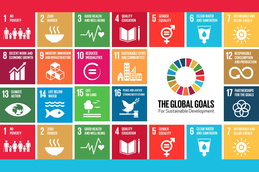 Multicolor collage of United Nations Sustainable Development Goals icons.