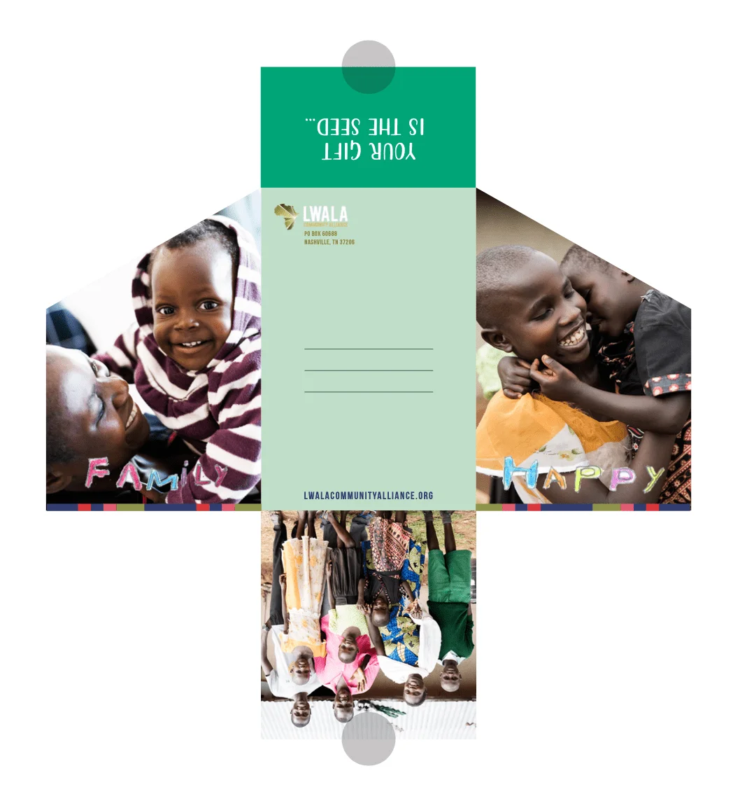 Lwala holiday giving campaign mailer with custom Christmas ornament