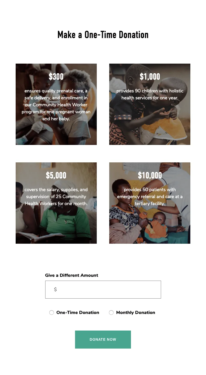 Lwala's donation page options