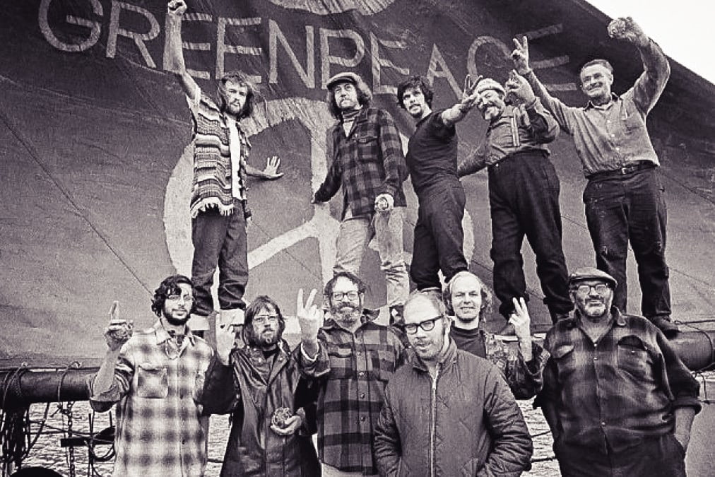 Vintage black and white photo of Greenpeace protestors from the film How to change the world.