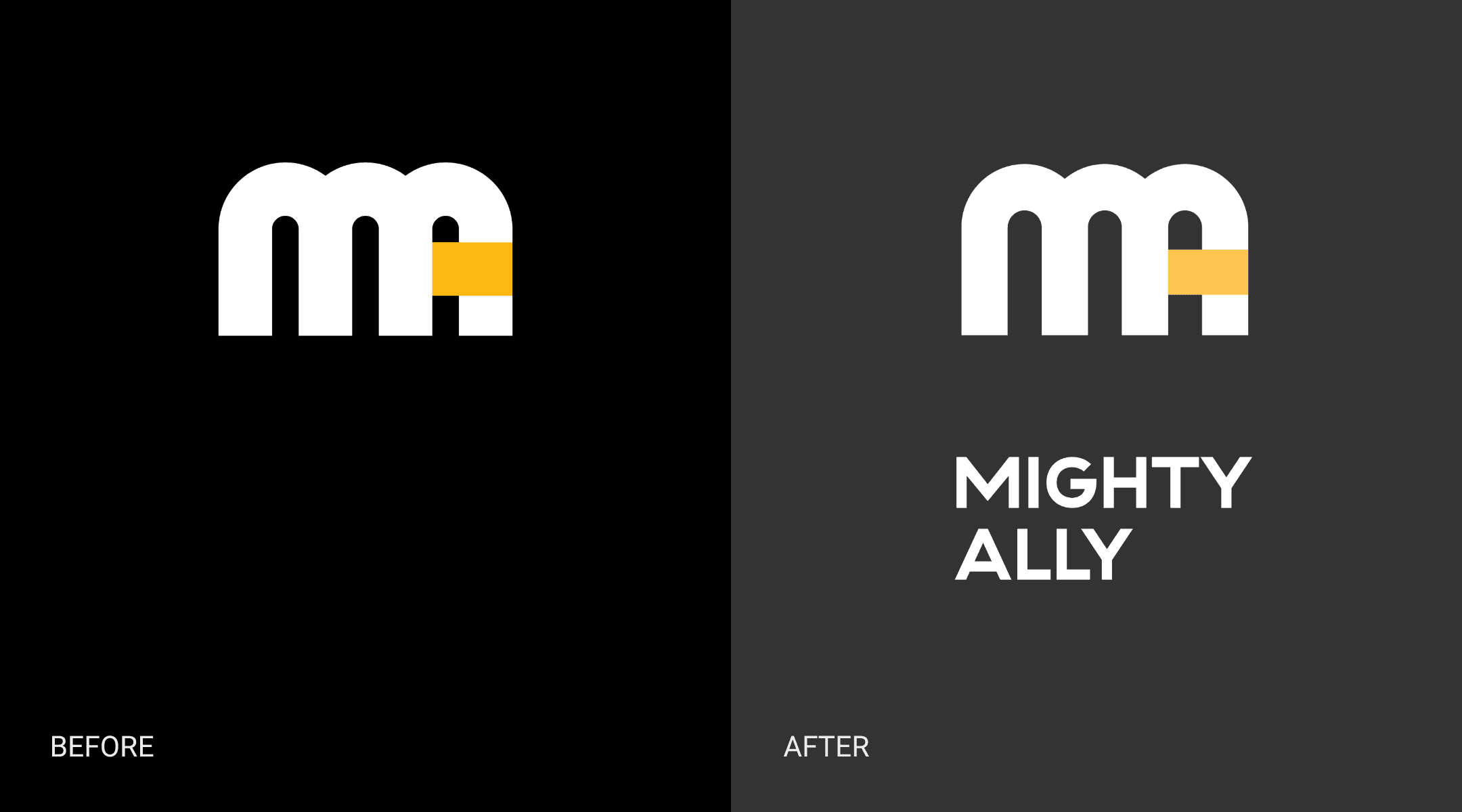 Side-by-side comparison of MIGHTY ALLY's old and refreshed logo.