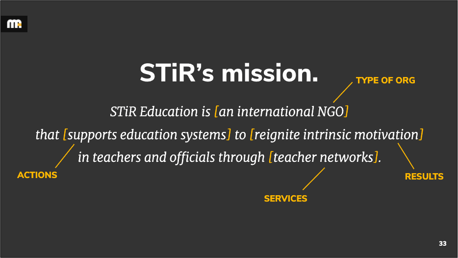 A visual breakdown of STiR Education's mission statement developed with Mighty Ally