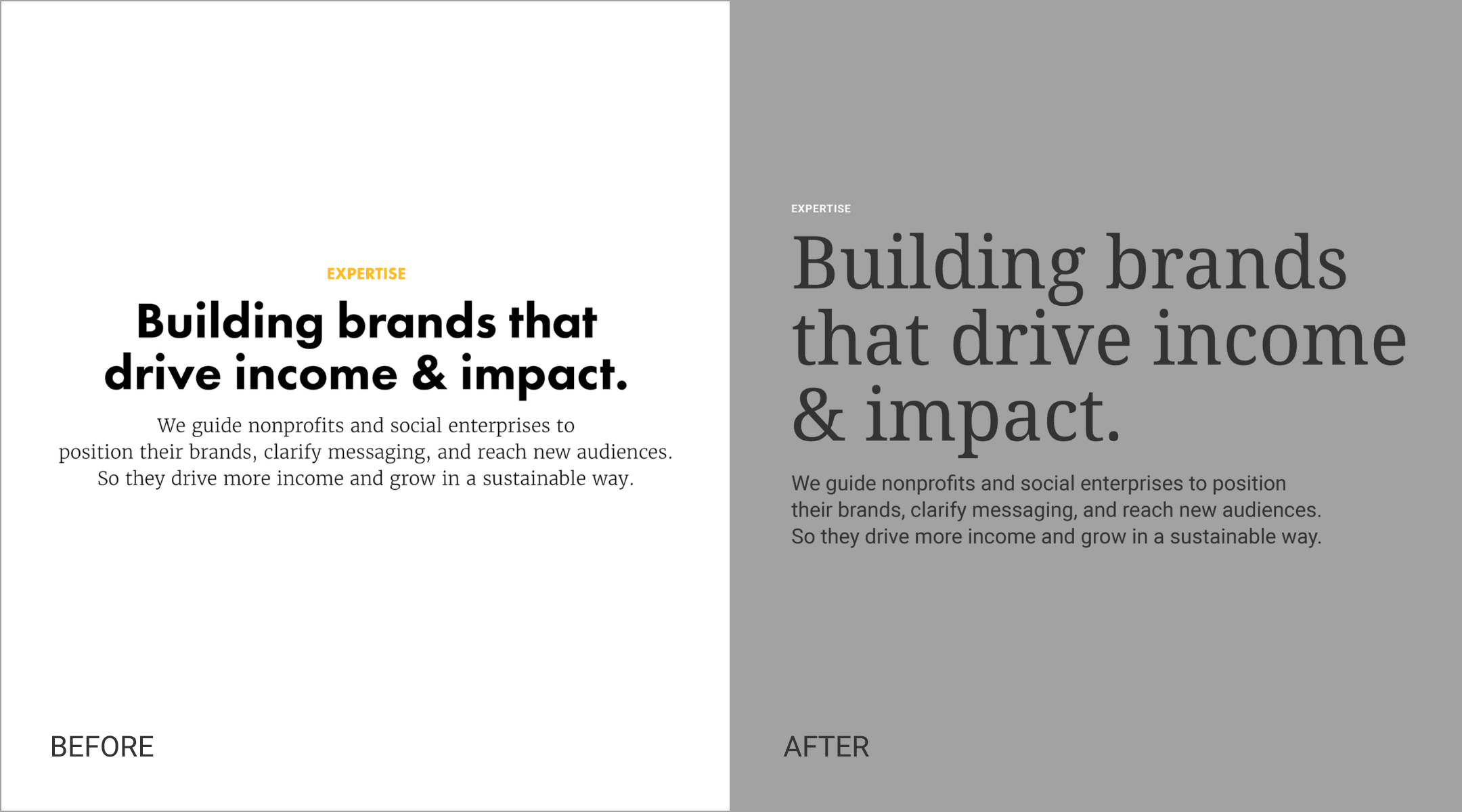 Side-by-side comparison of MIGHTY ALLY's old and refreshed typography.