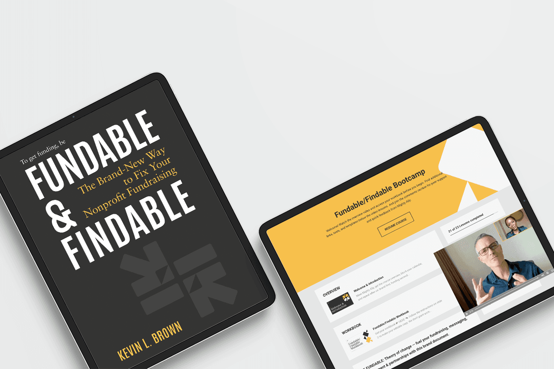 Side-by-side tablets displaying Mighty Ally's Fundable/Findable Bootcamp course and Kevin L. Brown's book, Fundable & Findable.