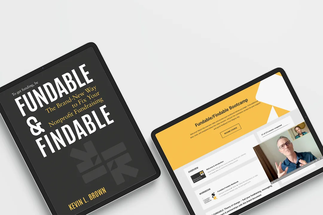 Side-by-side tablets displaying Mighty Ally's Fundable/Findable Bootcamp course and Kevin L. Brown's book, Fundable & Findable.