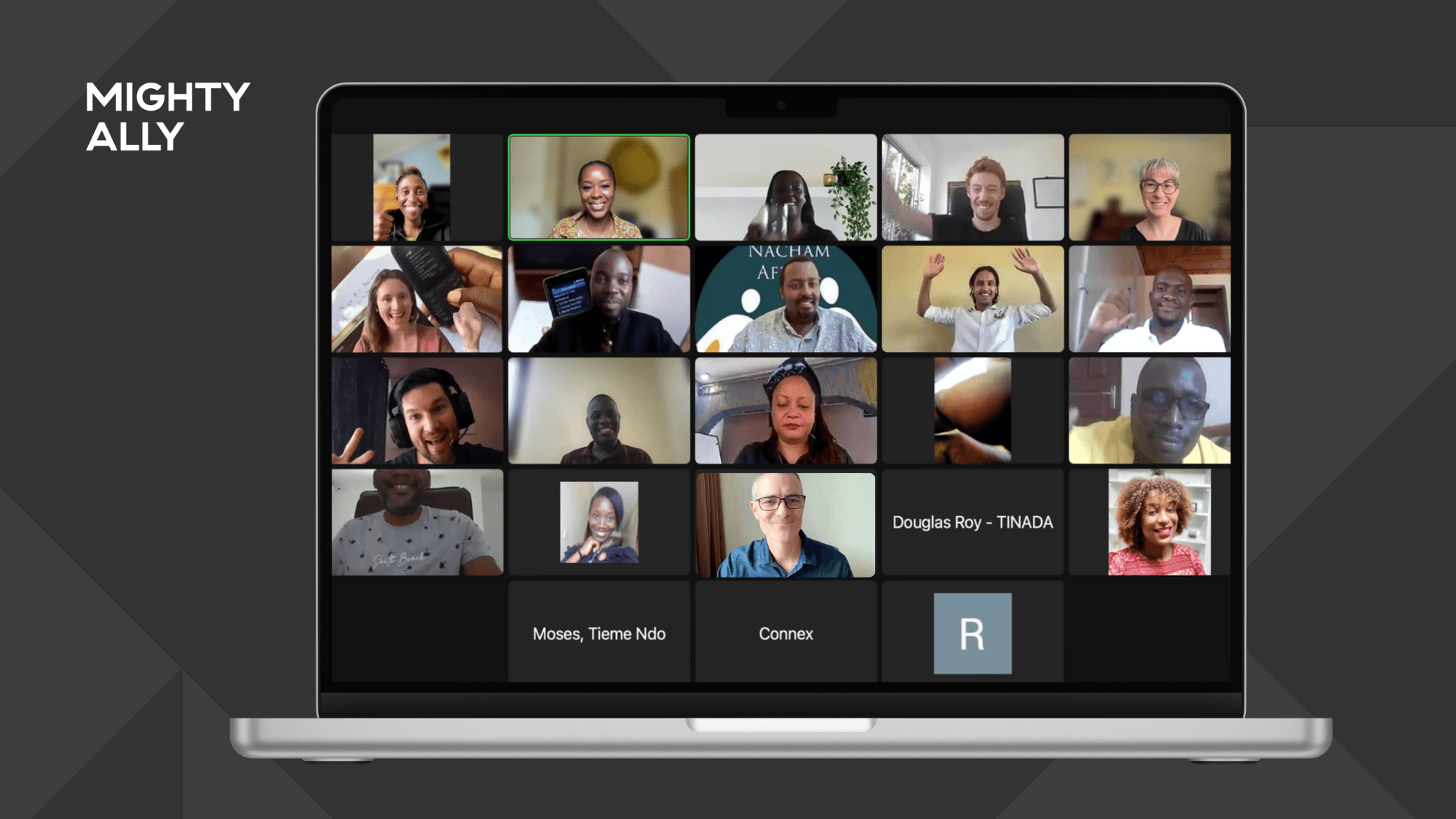 Zoom screenshot of virtual cohort for the live Mighty Ally training with Eve Wanjiru and Kevin L. Brown